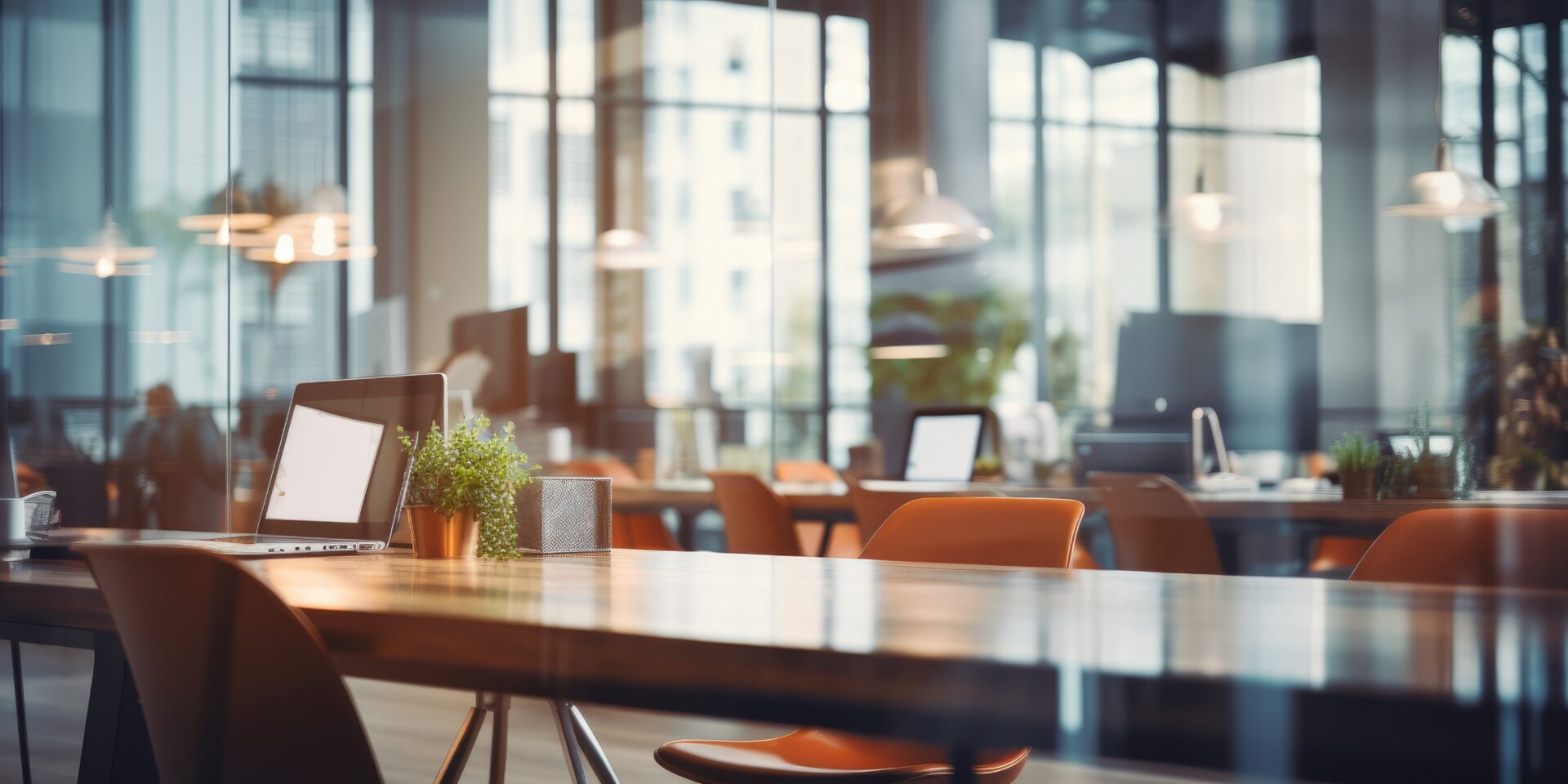 Modern office interior. Workplace with laptop, tablet and coffee cup